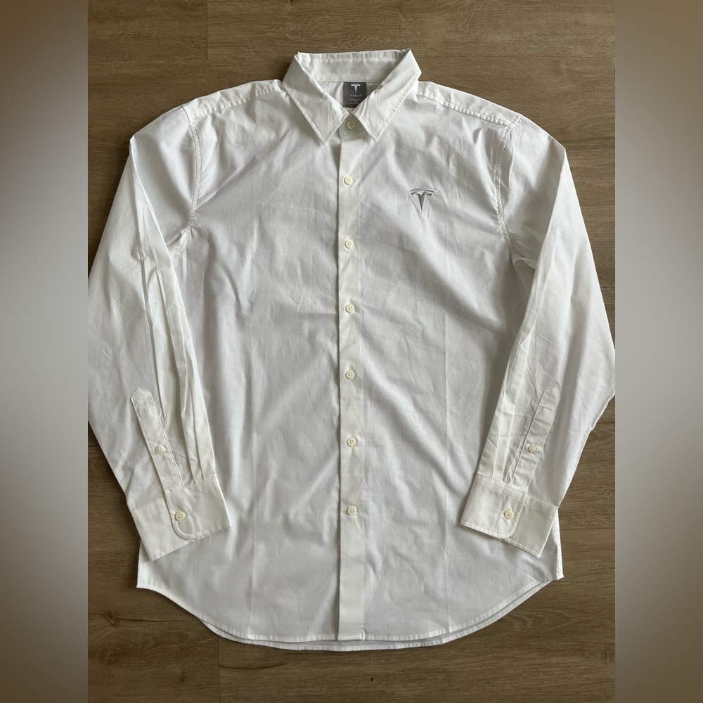 Tesla Long Sleeve Button Down Shirt White SZ L Car Motors Employee Logo